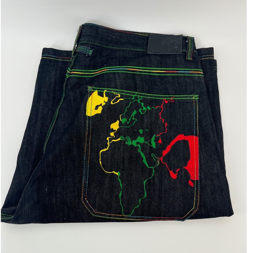 Regal Jeans Denim Shorts Mens 42 Black World Map Embroidered Y2K Vintage Baggy